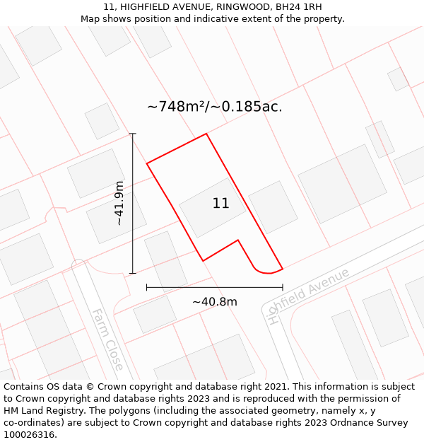 11, HIGHFIELD AVENUE, RINGWOOD, BH24 1RH: Plot and title map