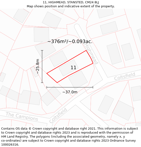 11, HIGHMEAD, STANSTED, CM24 8LJ: Plot and title map