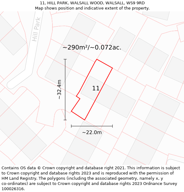 11, HILL PARK, WALSALL WOOD, WALSALL, WS9 9RD: Plot and title map