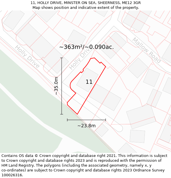 11, HOLLY DRIVE, MINSTER ON SEA, SHEERNESS, ME12 3GR: Plot and title map