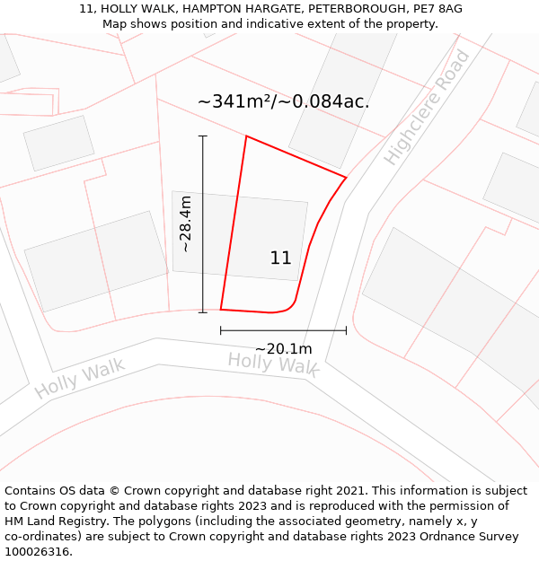 11, HOLLY WALK, HAMPTON HARGATE, PETERBOROUGH, PE7 8AG: Plot and title map