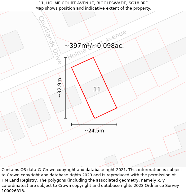 11, HOLME COURT AVENUE, BIGGLESWADE, SG18 8PF: Plot and title map