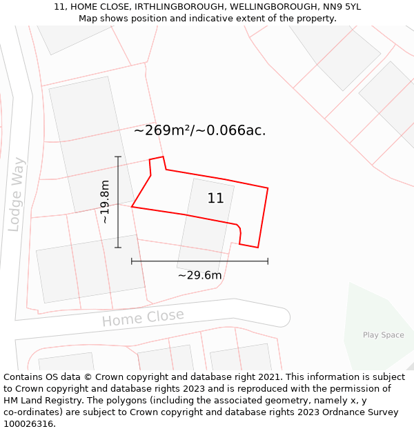 11, HOME CLOSE, IRTHLINGBOROUGH, WELLINGBOROUGH, NN9 5YL: Plot and title map