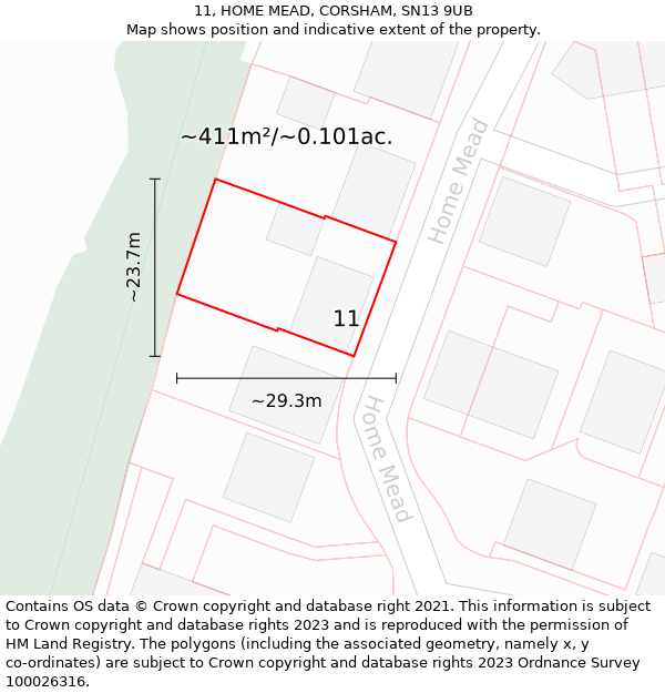 11, HOME MEAD, CORSHAM, SN13 9UB: Plot and title map