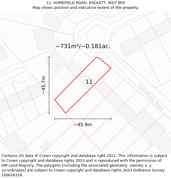 11, HOMEFIELD ROAD, RADLETT, WD7 8PX: Plot and title map