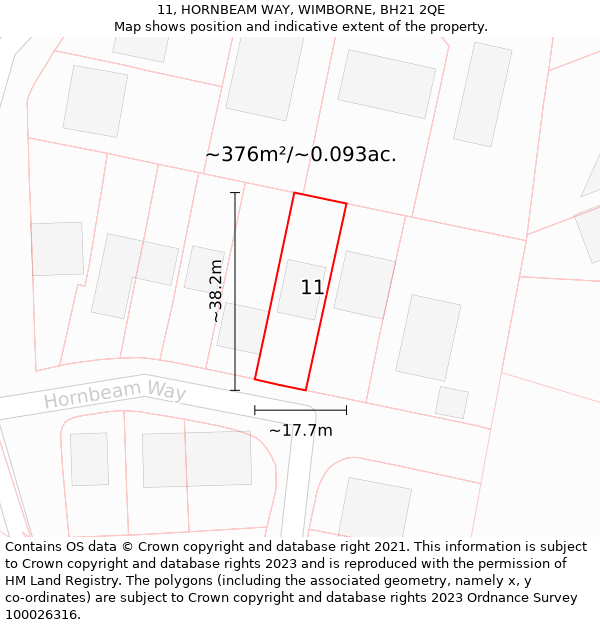 11, HORNBEAM WAY, WIMBORNE, BH21 2QE: Plot and title map