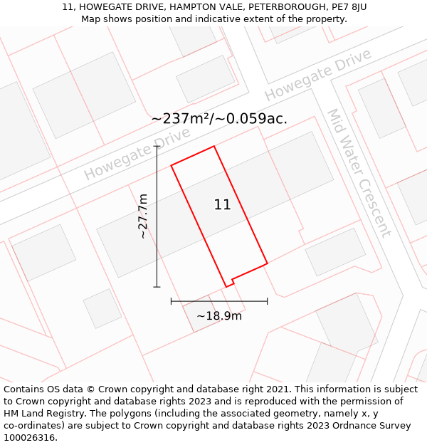 11, HOWEGATE DRIVE, HAMPTON VALE, PETERBOROUGH, PE7 8JU: Plot and title map