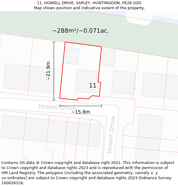 11, HOWELL DRIVE, SAPLEY, HUNTINGDON, PE28 2GD: Plot and title map