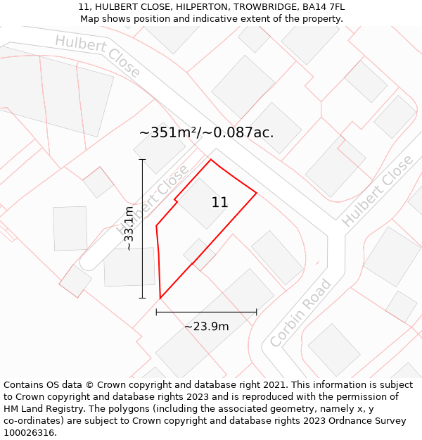 11, HULBERT CLOSE, HILPERTON, TROWBRIDGE, BA14 7FL: Plot and title map