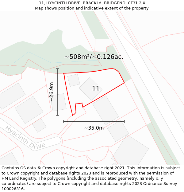 11, HYACINTH DRIVE, BRACKLA, BRIDGEND, CF31 2JX: Plot and title map