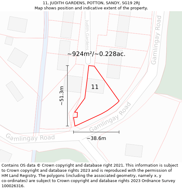 11, JUDITH GARDENS, POTTON, SANDY, SG19 2RJ: Plot and title map