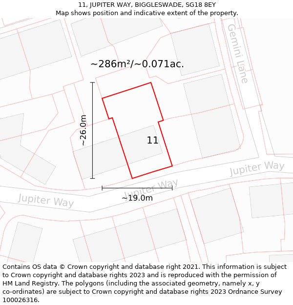 11, JUPITER WAY, BIGGLESWADE, SG18 8EY: Plot and title map