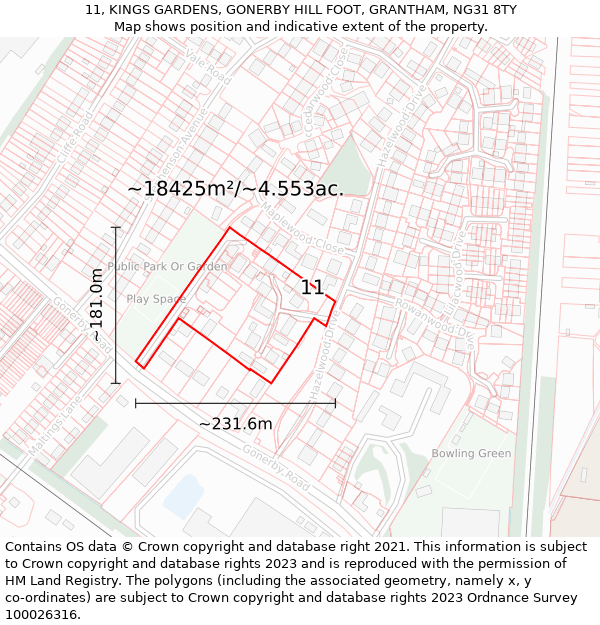 11, KINGS GARDENS, GONERBY HILL FOOT, GRANTHAM, NG31 8TY: Plot and title map