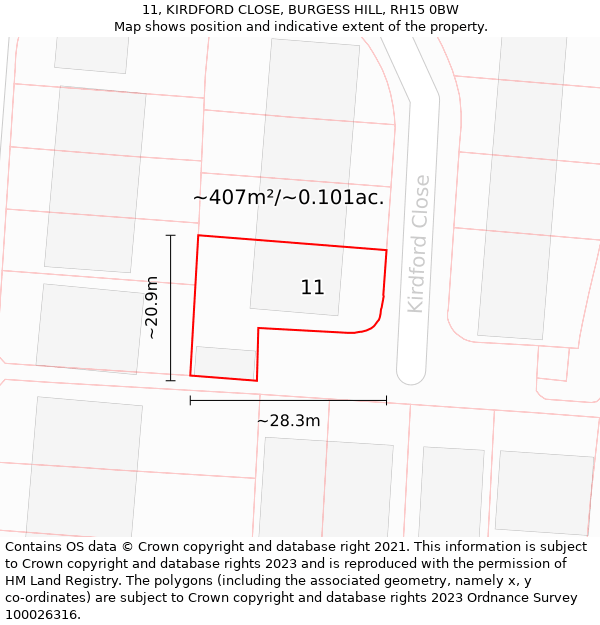 11, KIRDFORD CLOSE, BURGESS HILL, RH15 0BW: Plot and title map