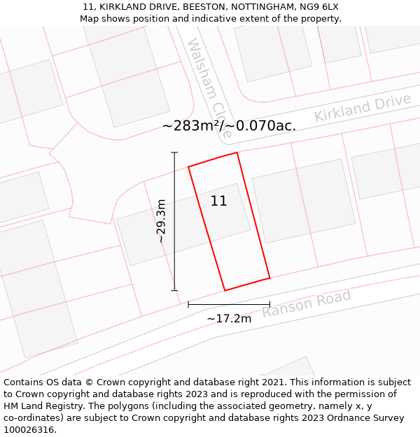 11, KIRKLAND DRIVE, BEESTON, NOTTINGHAM, NG9 6LX: Plot and title map