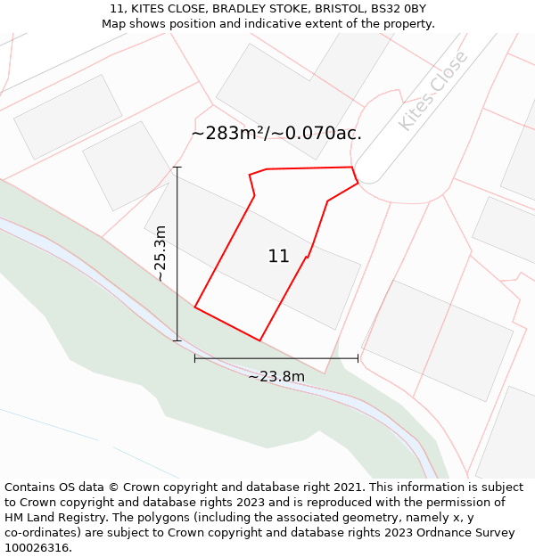 11, KITES CLOSE, BRADLEY STOKE, BRISTOL, BS32 0BY: Plot and title map