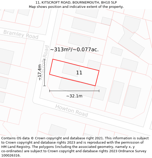 11, KITSCROFT ROAD, BOURNEMOUTH, BH10 5LP: Plot and title map