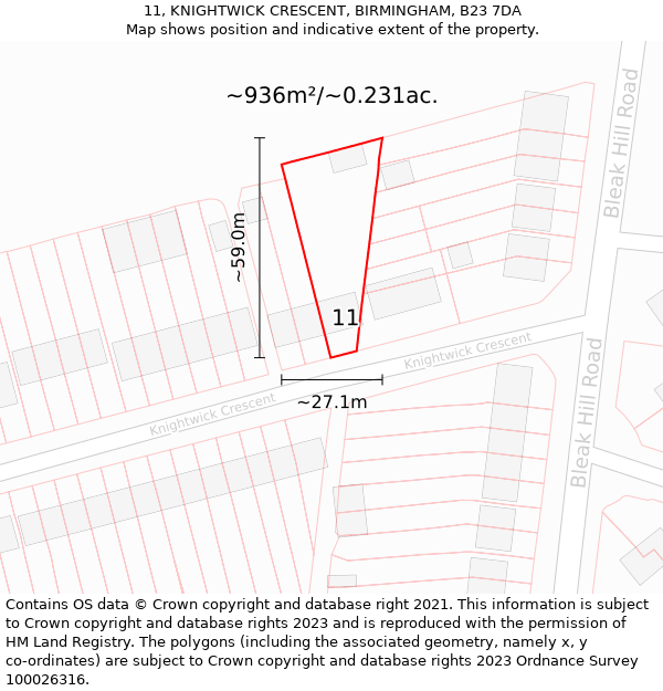 11, KNIGHTWICK CRESCENT, BIRMINGHAM, B23 7DA: Plot and title map