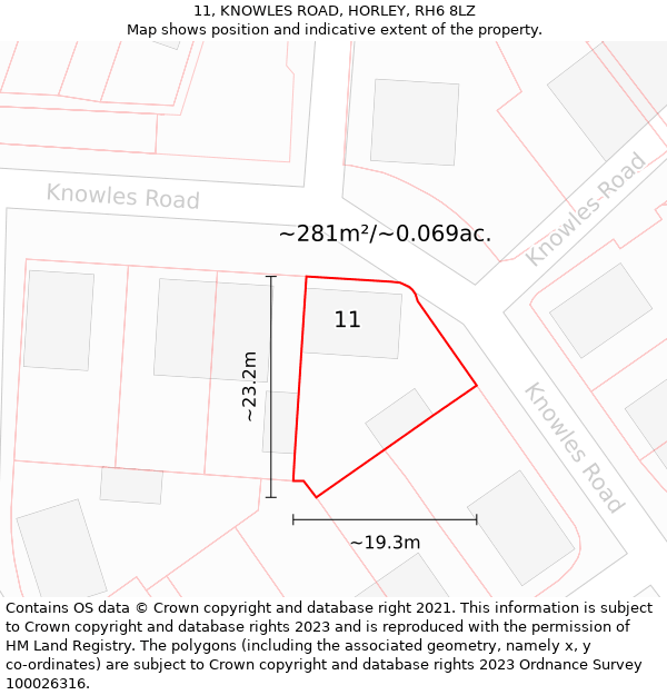 11, KNOWLES ROAD, HORLEY, RH6 8LZ: Plot and title map