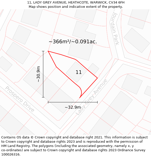 11, LADY GREY AVENUE, HEATHCOTE, WARWICK, CV34 6FH: Plot and title map