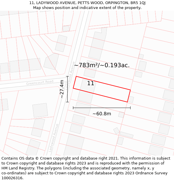 11, LADYWOOD AVENUE, PETTS WOOD, ORPINGTON, BR5 1QJ: Plot and title map