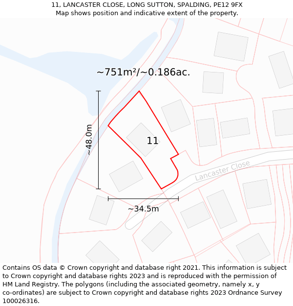 11, LANCASTER CLOSE, LONG SUTTON, SPALDING, PE12 9FX: Plot and title map