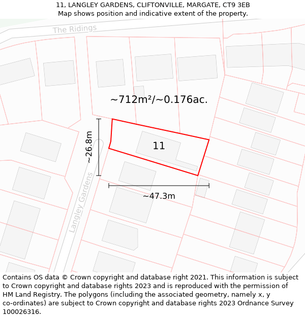 11, LANGLEY GARDENS, CLIFTONVILLE, MARGATE, CT9 3EB: Plot and title map