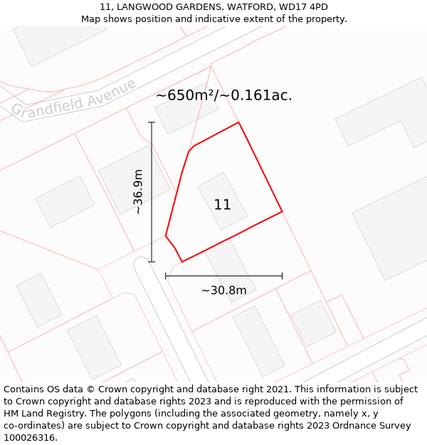 11, LANGWOOD GARDENS, WATFORD, WD17 4PD: Plot and title map