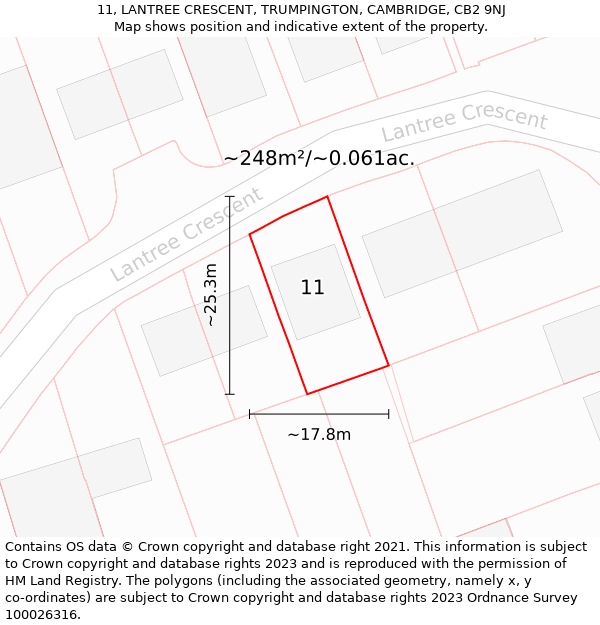 11, LANTREE CRESCENT, TRUMPINGTON, CAMBRIDGE, CB2 9NJ: Plot and title map