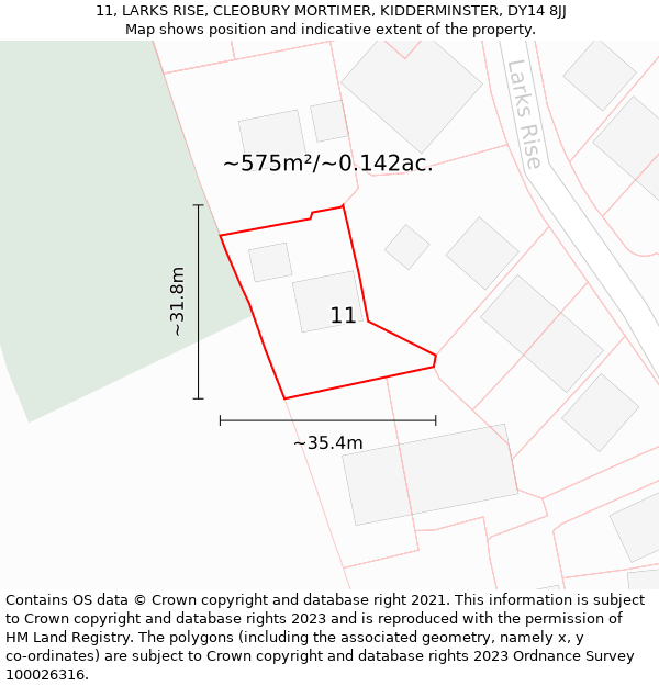 11, LARKS RISE, CLEOBURY MORTIMER, KIDDERMINSTER, DY14 8JJ: Plot and title map