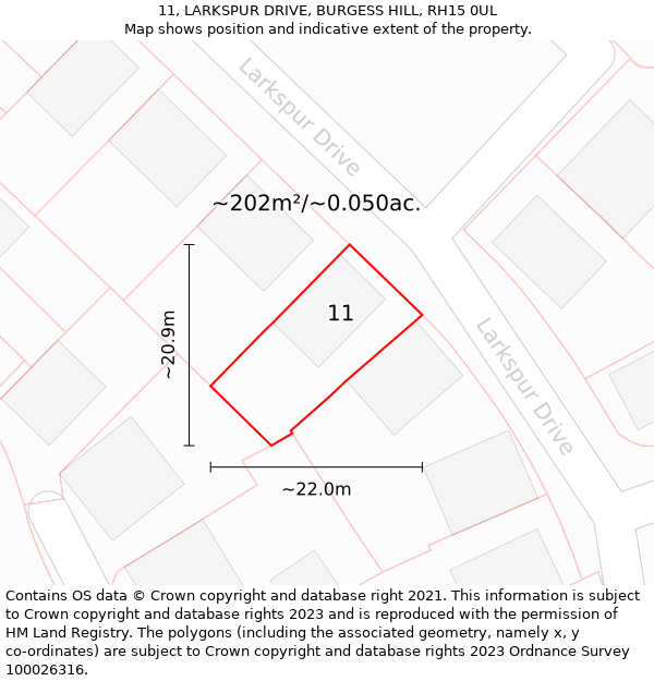 11, LARKSPUR DRIVE, BURGESS HILL, RH15 0UL: Plot and title map