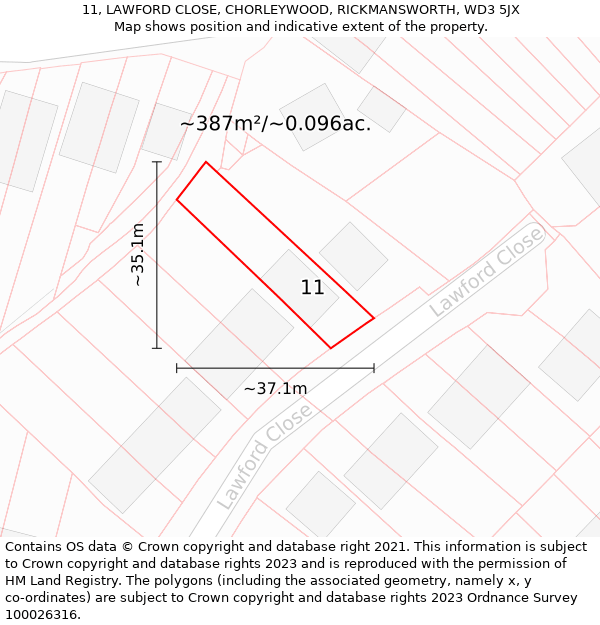 11, LAWFORD CLOSE, CHORLEYWOOD, RICKMANSWORTH, WD3 5JX: Plot and title map