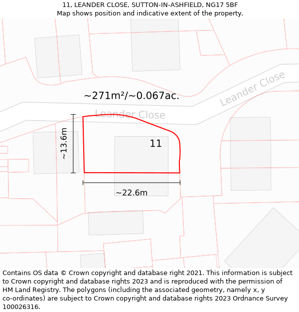 11, LEANDER CLOSE, SUTTON-IN-ASHFIELD, NG17 5BF: Plot and title map