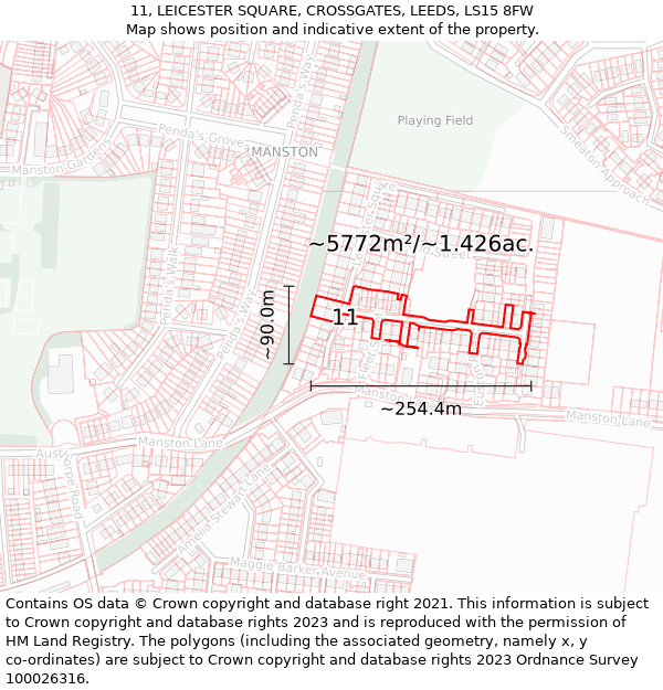 11, LEICESTER SQUARE, CROSSGATES, LEEDS, LS15 8FW: Plot and title map