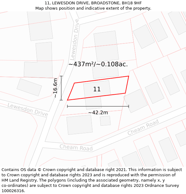 11, LEWESDON DRIVE, BROADSTONE, BH18 9HF: Plot and title map