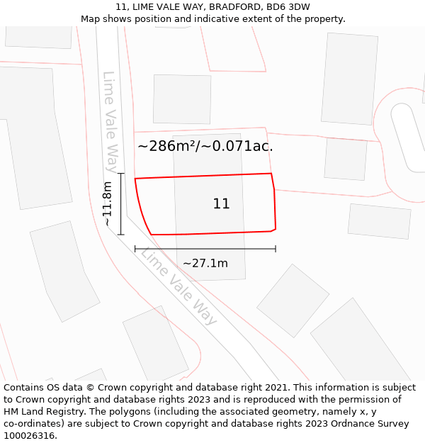 11, LIME VALE WAY, BRADFORD, BD6 3DW: Plot and title map