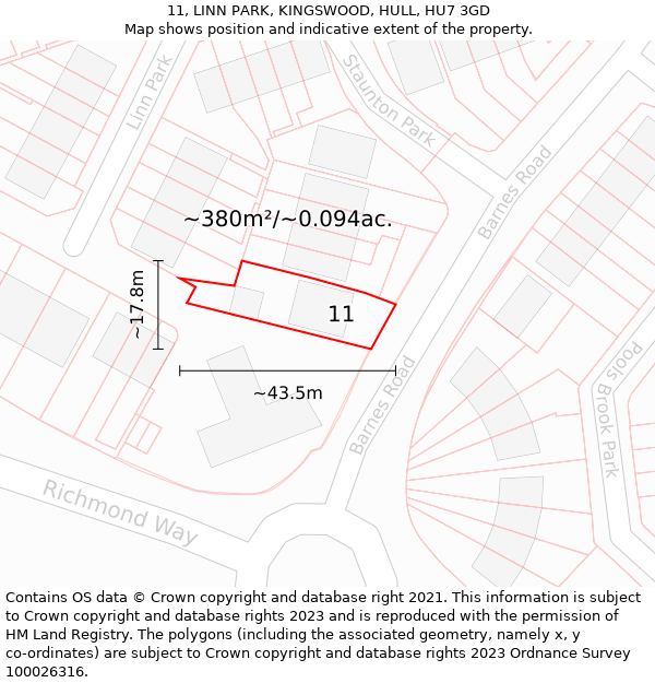 11, LINN PARK, KINGSWOOD, HULL, HU7 3GD: Plot and title map