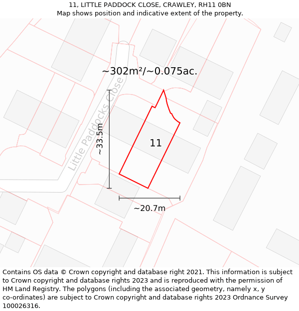 11, LITTLE PADDOCK CLOSE, CRAWLEY, RH11 0BN: Plot and title map
