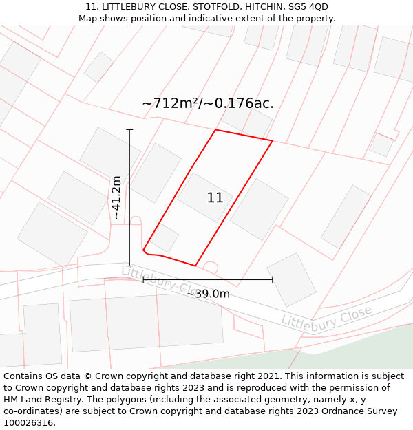 11, LITTLEBURY CLOSE, STOTFOLD, HITCHIN, SG5 4QD: Plot and title map