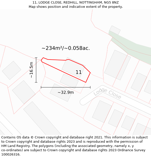 11, LODGE CLOSE, REDHILL, NOTTINGHAM, NG5 8NZ: Plot and title map