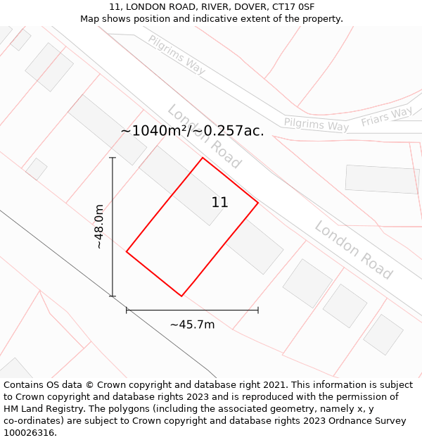 11, LONDON ROAD, RIVER, DOVER, CT17 0SF: Plot and title map