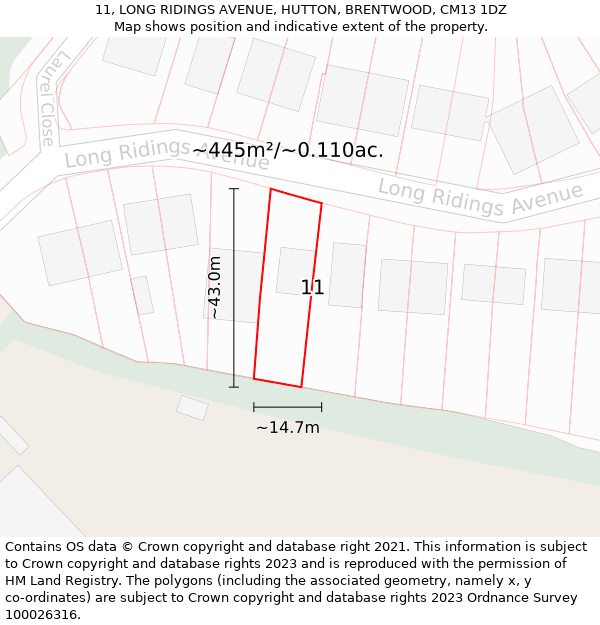 11, LONG RIDINGS AVENUE, HUTTON, BRENTWOOD, CM13 1DZ: Plot and title map