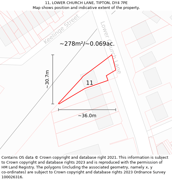 11, LOWER CHURCH LANE, TIPTON, DY4 7PE: Plot and title map