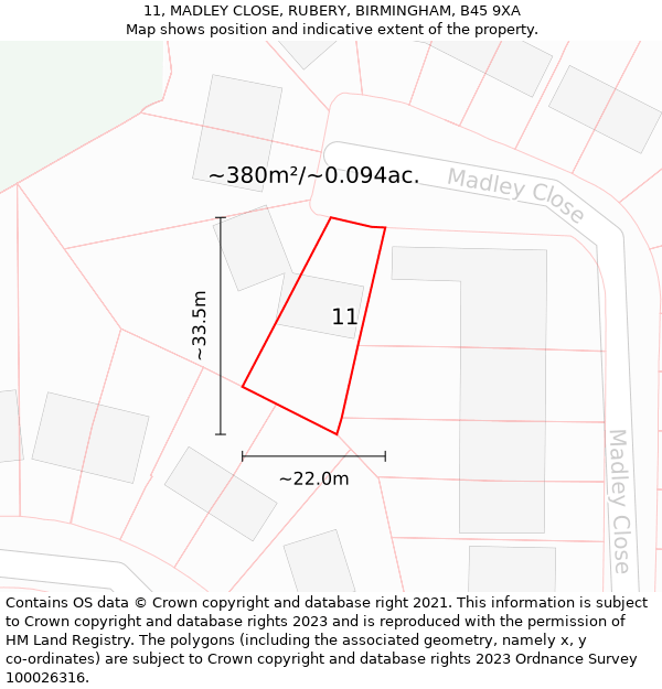 11, MADLEY CLOSE, RUBERY, BIRMINGHAM, B45 9XA: Plot and title map