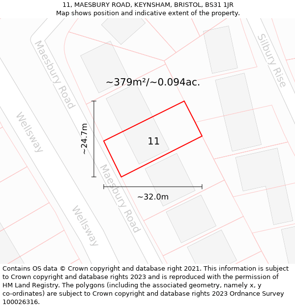 11, MAESBURY ROAD, KEYNSHAM, BRISTOL, BS31 1JR: Plot and title map