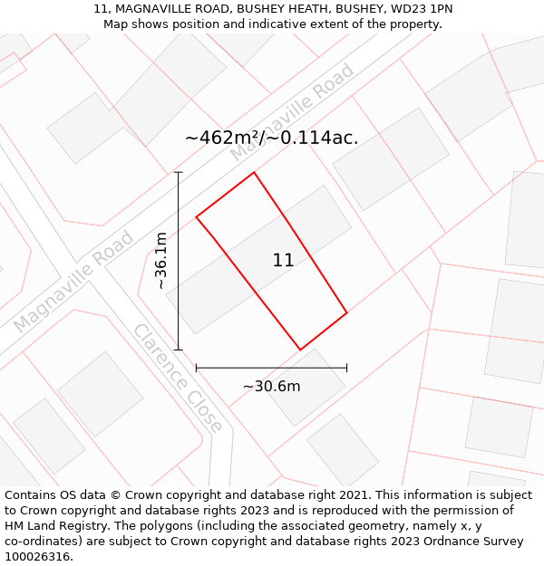 11, MAGNAVILLE ROAD, BUSHEY HEATH, BUSHEY, WD23 1PN: Plot and title map