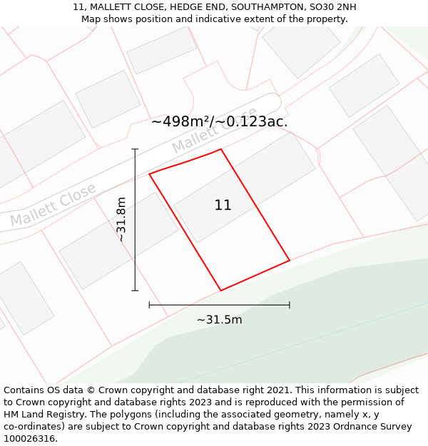 11, MALLETT CLOSE, HEDGE END, SOUTHAMPTON, SO30 2NH: Plot and title map