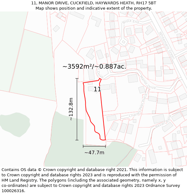 11, MANOR DRIVE, CUCKFIELD, HAYWARDS HEATH, RH17 5BT: Plot and title map