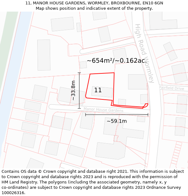 11, MANOR HOUSE GARDENS, WORMLEY, BROXBOURNE, EN10 6GN: Plot and title map