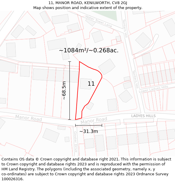 11, MANOR ROAD, KENILWORTH, CV8 2GJ: Plot and title map